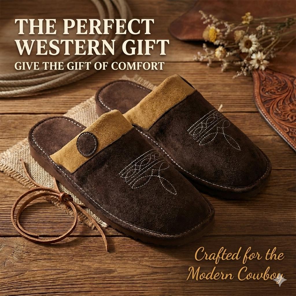 All Season Cowboy Boot Stitch Suede Leather Slippers with Square Toe Comfy House Shoes for Unisex Indoor Outdoor