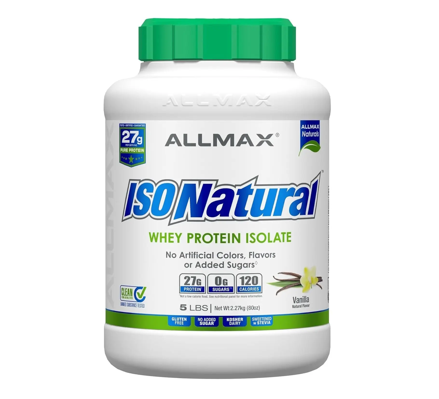 ALLMAX IsoNatural Pure Whey Protein Isolate 5 lbs, 27g Protein Per Serving No Artificial Colors, Flavors or Added Sugar - Vanilla