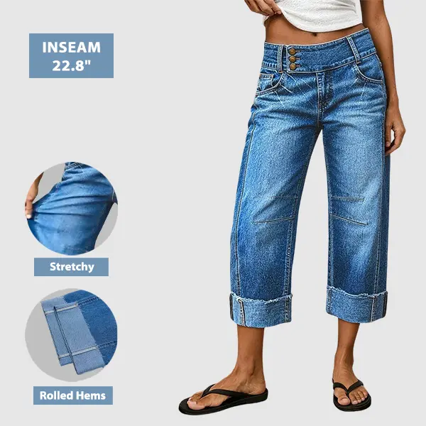 Flamingals Wash Roll Hem Button Up Mid Rise Barrel Leg Crop Jeans Stretchy 30 32'' Inseam