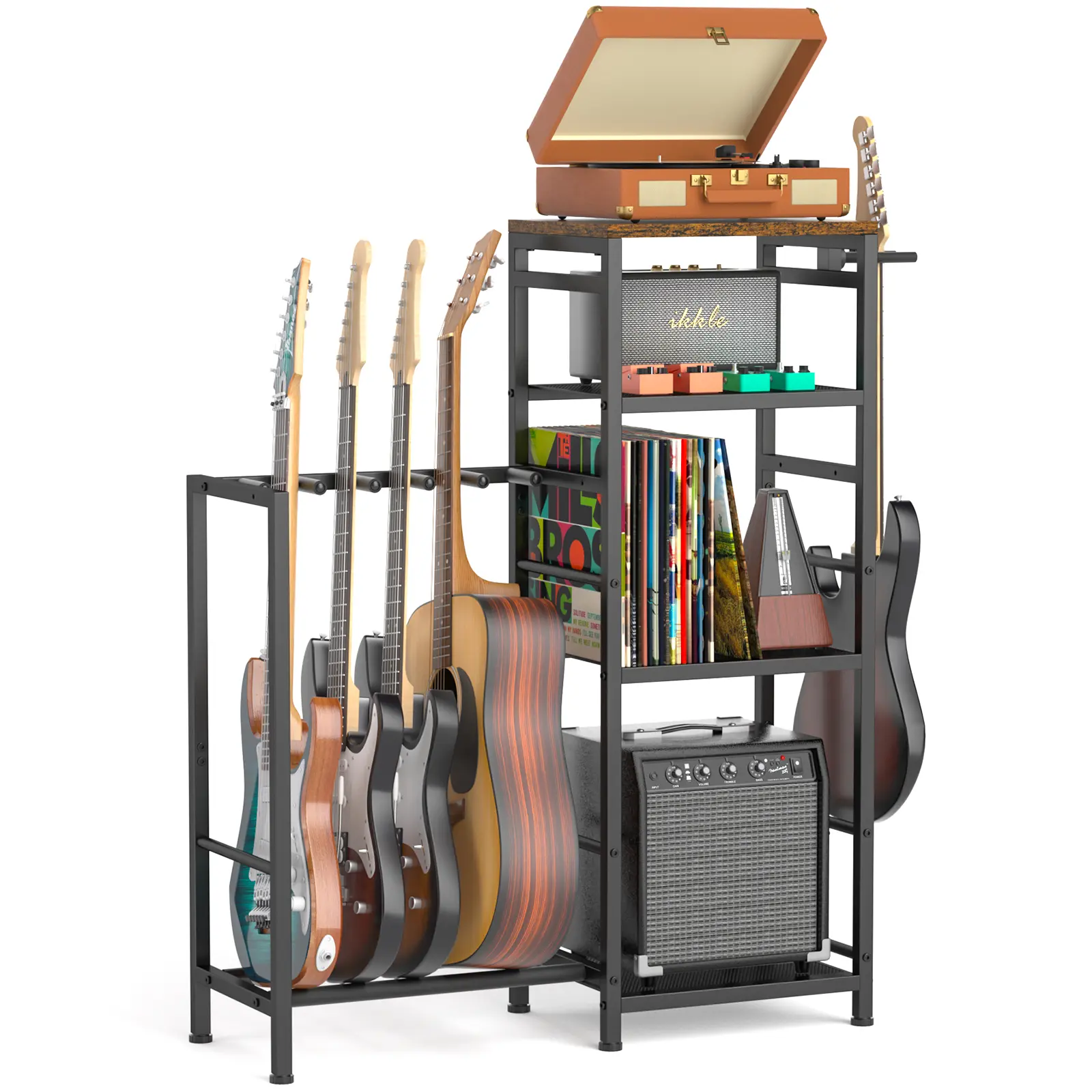 Guitar Rack Organizer for 5 Guitars with Record Player Stand, Multi-Tier Guitar Storage Stand with Vinyl Record Storage Shelf, Metal Guitar Holder for Acoustic, Electric & Bass Guitars