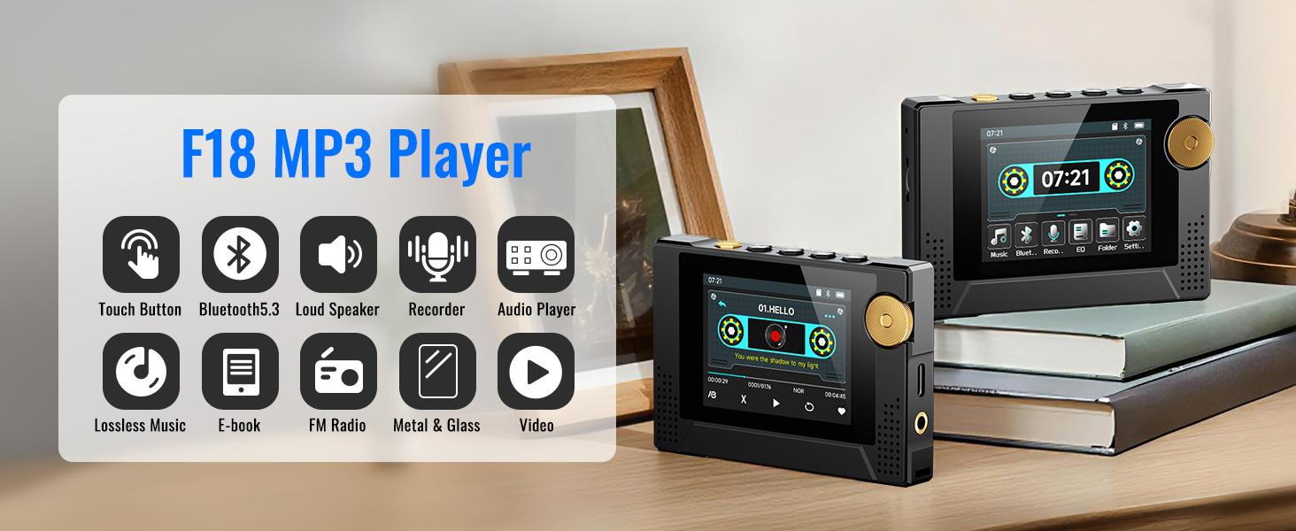 Retro MP3 Player 64GB with Dynamic UI HD Speaker Tape Drive Shape Portable Bluetooth 50 Hours Battery 2.4" Touchscreen Music Player