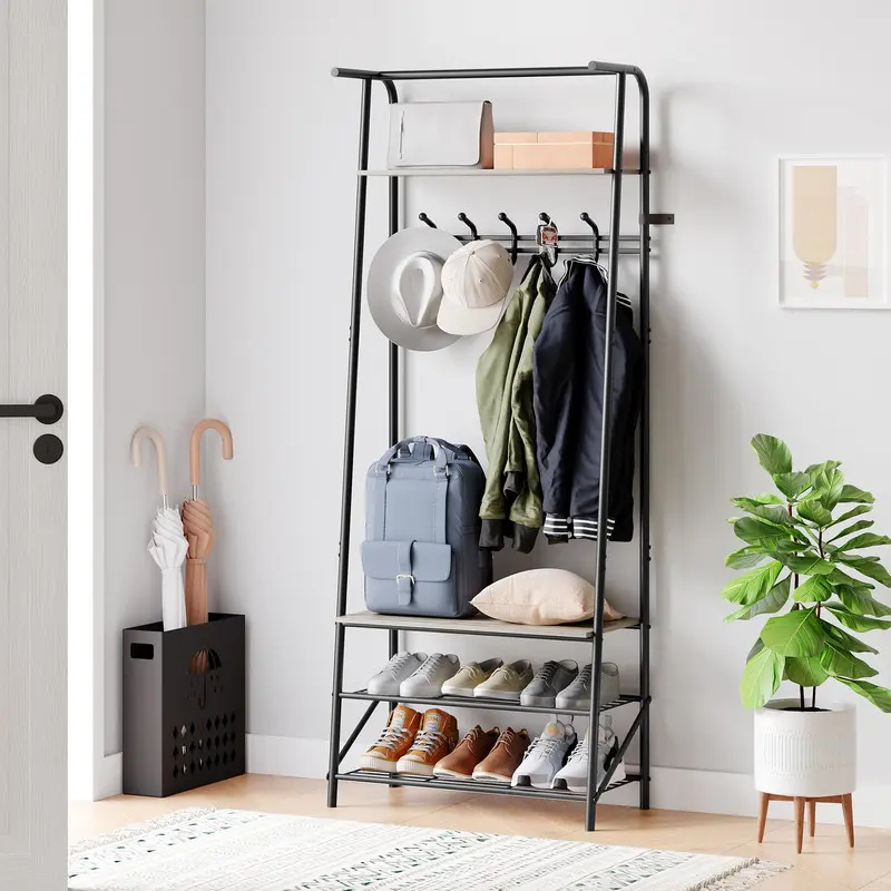 【Christmas Gift】Freestanding Hall Tree Grey Coat Rack Shoe Bench with 5 Hooks, Storage Shelves, Wood-Look Accent Furniture with Metal Frame for Entryway, Living Room