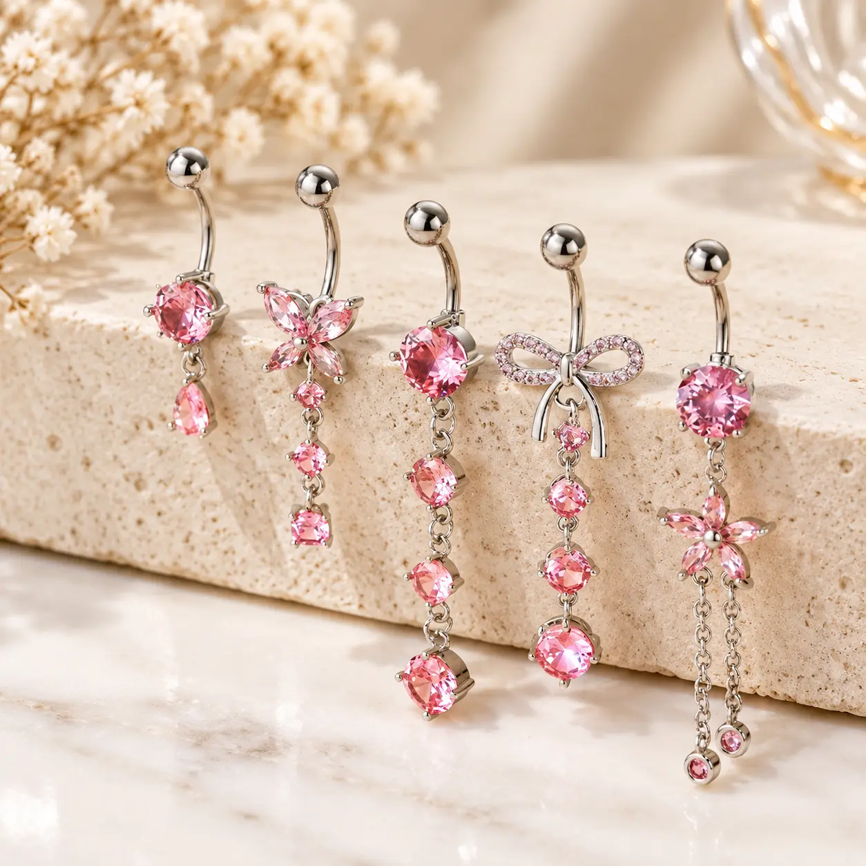 5-Piece Women's Heart & Butterfly & Rhinestone Decor Chain Belly Ring, Navel Ring, Belly Button Rings Casual Trendy Charm Cute Playful Belly Ring for Crop Top, Body Piercing Jewelry, Body Jewellery for Daily & Party