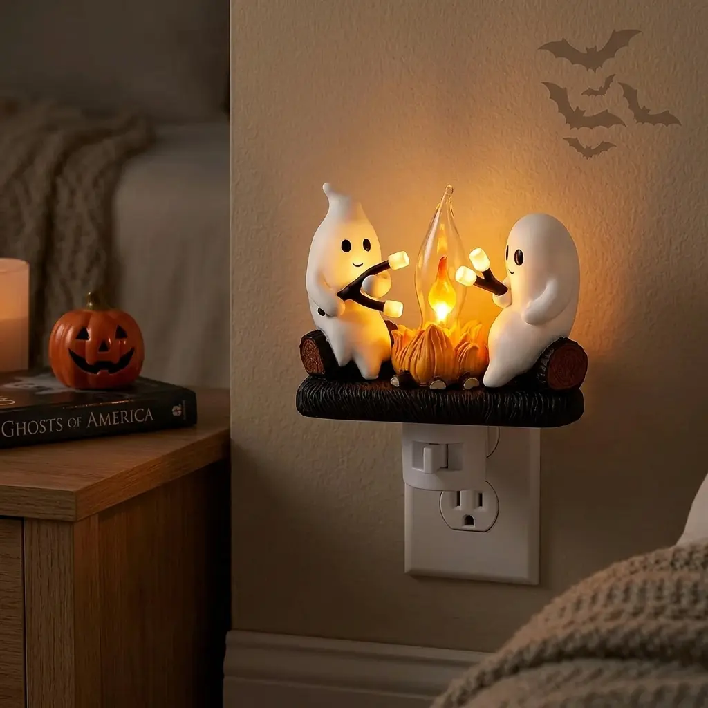 Ghost Campfire Plug-In Night Light with Standard Plug, AC Power Supply, Realistic Flickering Flame Effect, 3D Marshmallow Ghost Design - Indoor Halloween Decorations, Whimsical Room Decor, Unique House Decor for Adults, Unique Decor