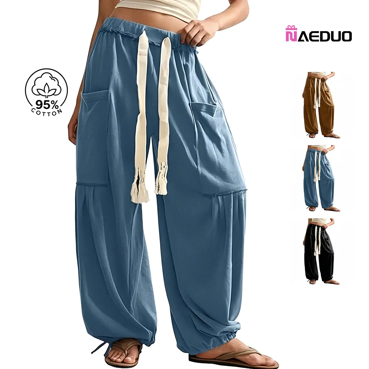 Naeduo Women's Slouchy Baggy Harem Pants with Cargo Pockets, Casual Drawstring Bohemian Trousers Elastic High Waist Lounge Wear Everyday Outfits,clothes for back to school,first day of school outfits