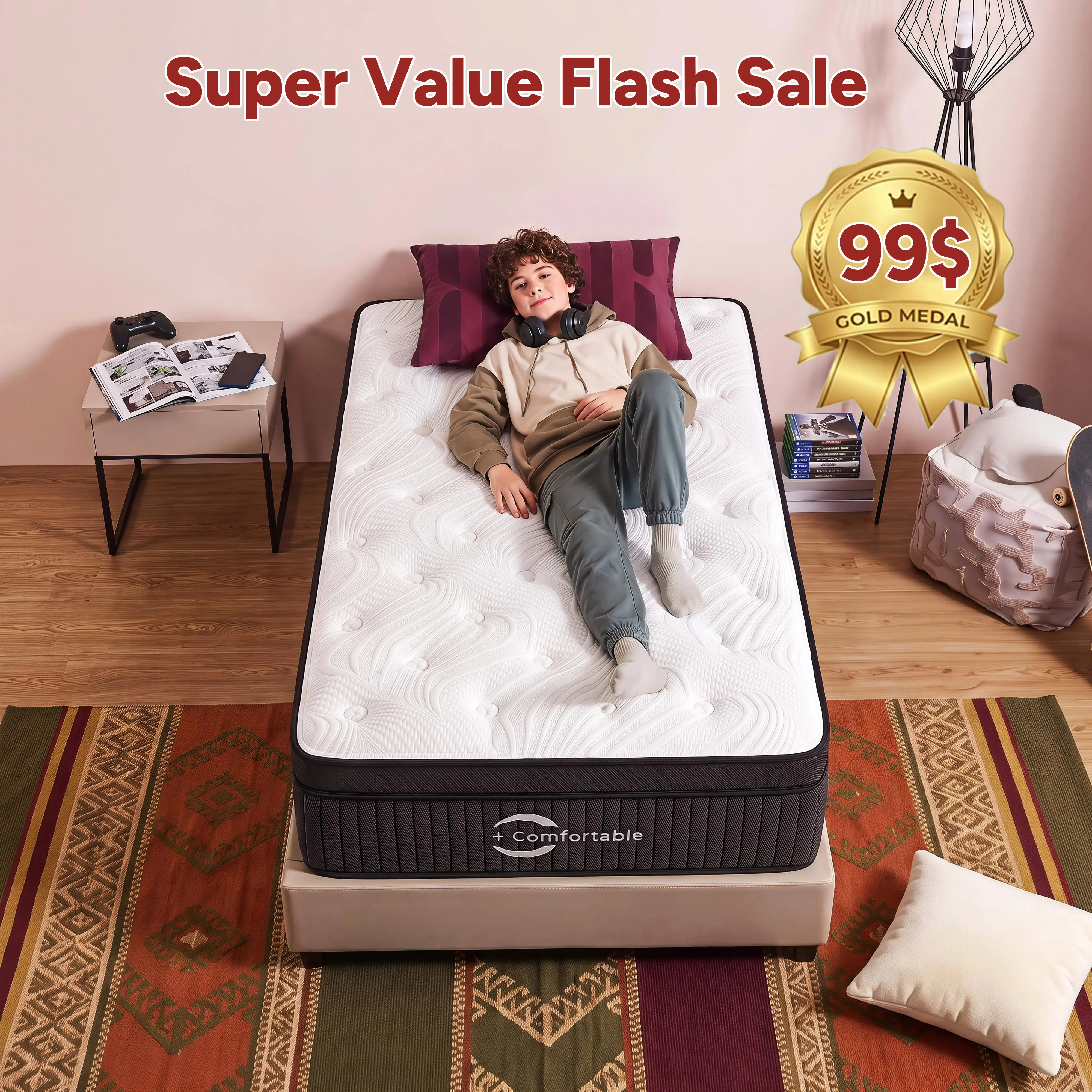【Great Value】12/14 Inch Ergonomic Hybrid Mattress, Twin/Full/Queen/King Sizes, Medium‑Firm Feel, Enhanced Lumbar Pressure Relief, Extra‑Thick Multi‑Layer Construction, Modern Contemporary Design, firm support Home & Hotel Use, Roll‑Up Boxed Mattress