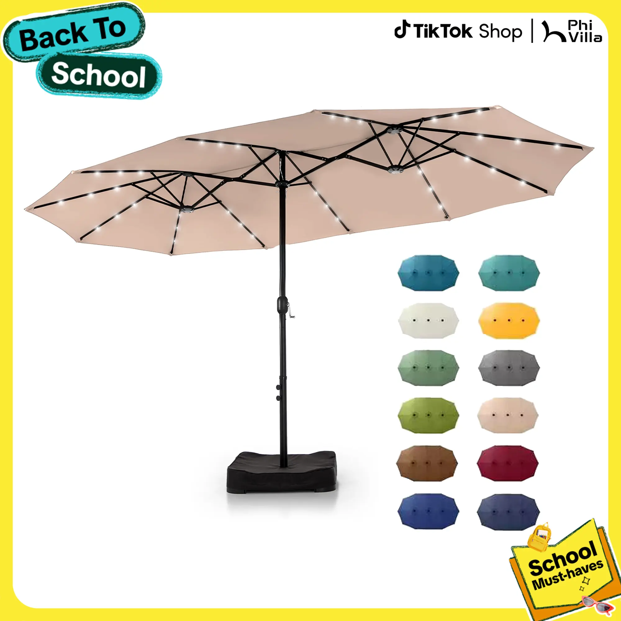 PHIVILLA 15 FT Large Outdoor Double-Sided Rectangle Umbrella with LED Lights & Crank Handle, Waterproof & UV Resistant, Day & Night Use