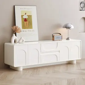 Guyii Cream White TV Cabinet Modern Entertainment Stand for TVs Up to 63" with 2 Cabinets & 2 Storage Drawers Robust Durable Construction for Living Room Home