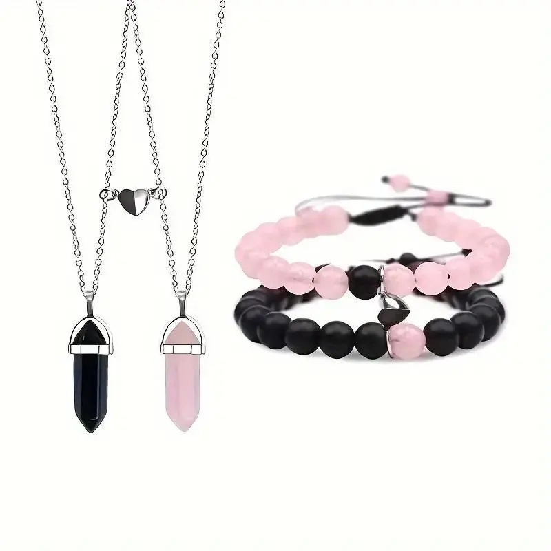 Couple Jewelry Set - Magnetic Beaded Natural Stone Bracelets, Matching Half-Heart Necklaces, Romantic Accessories, Love Gifts for Adults, Cute Boyfriend Gifts, Matching Bf and Gf Items, Gifts For Boyfriend