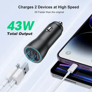 Mini Fast Car Charger 43W, Dual Port PD 25W USB C & A Car Charger Plug for iPhone 17 Pro Max, Galaxy S24 Ultra, Google Pixel,and All USB Devices