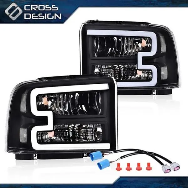 CROSSDESIGN Black LED DRL Car Headlight Assembly - Bright LEDs Led Light Car Lighting, Water Resistant Vehicle Accessory w/ Harness, Compatible with 05-07 Ford F-Series F250 F350 F450 F550