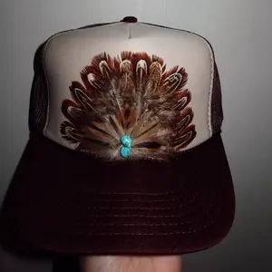 Feathered Turquoise Accented Brown Trucker Hat Two Toned with Hint of Turquoise for Stylish Outfits