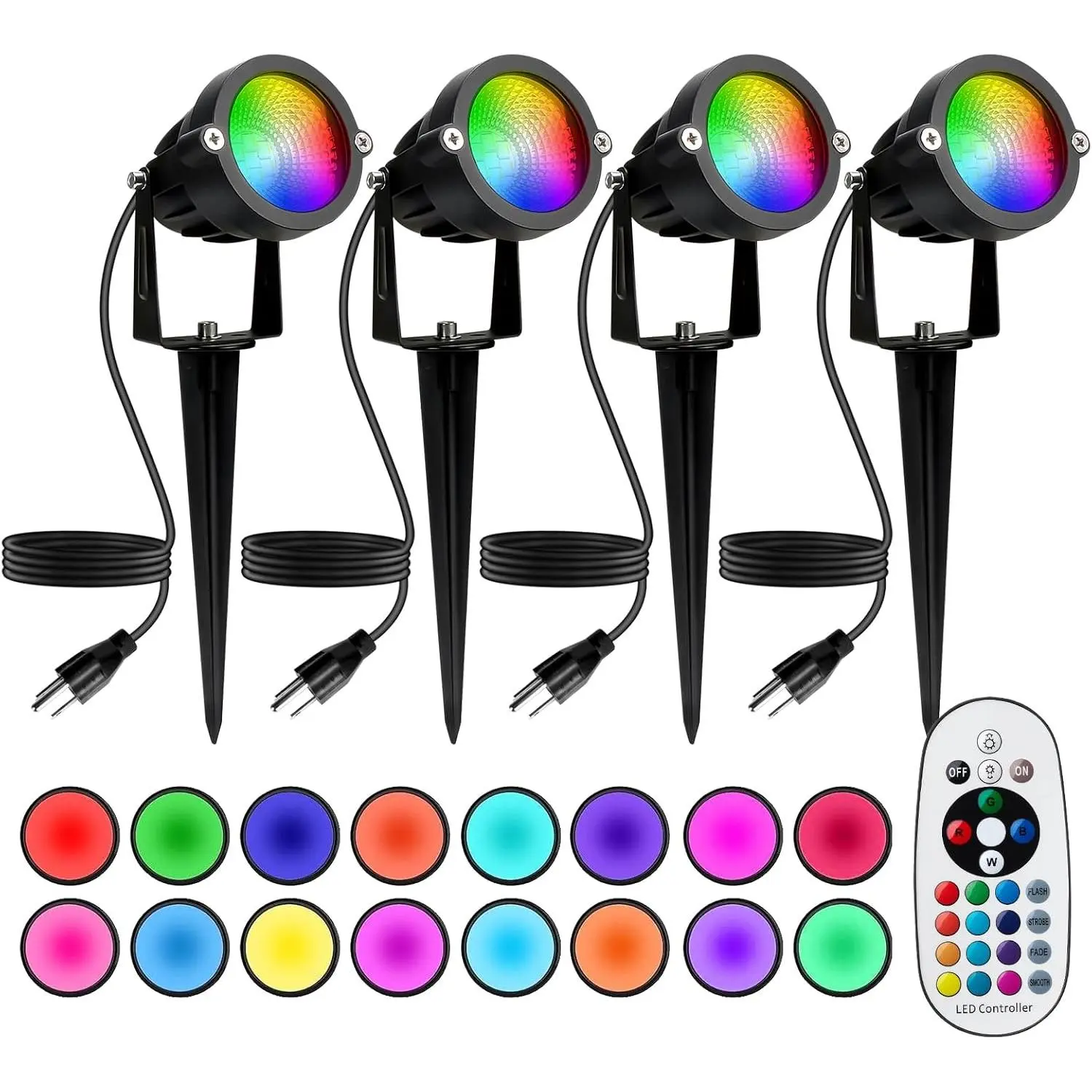 Outdoor RGBW LED Spot Lights for Baby Costume Decor, 4 Pack 12W IP65 Waterproof Pathway Lighting, 16 Color Changing, 120V Line Voltage AC Power Supply Yard Garden Decor Remote Plug-In Lights