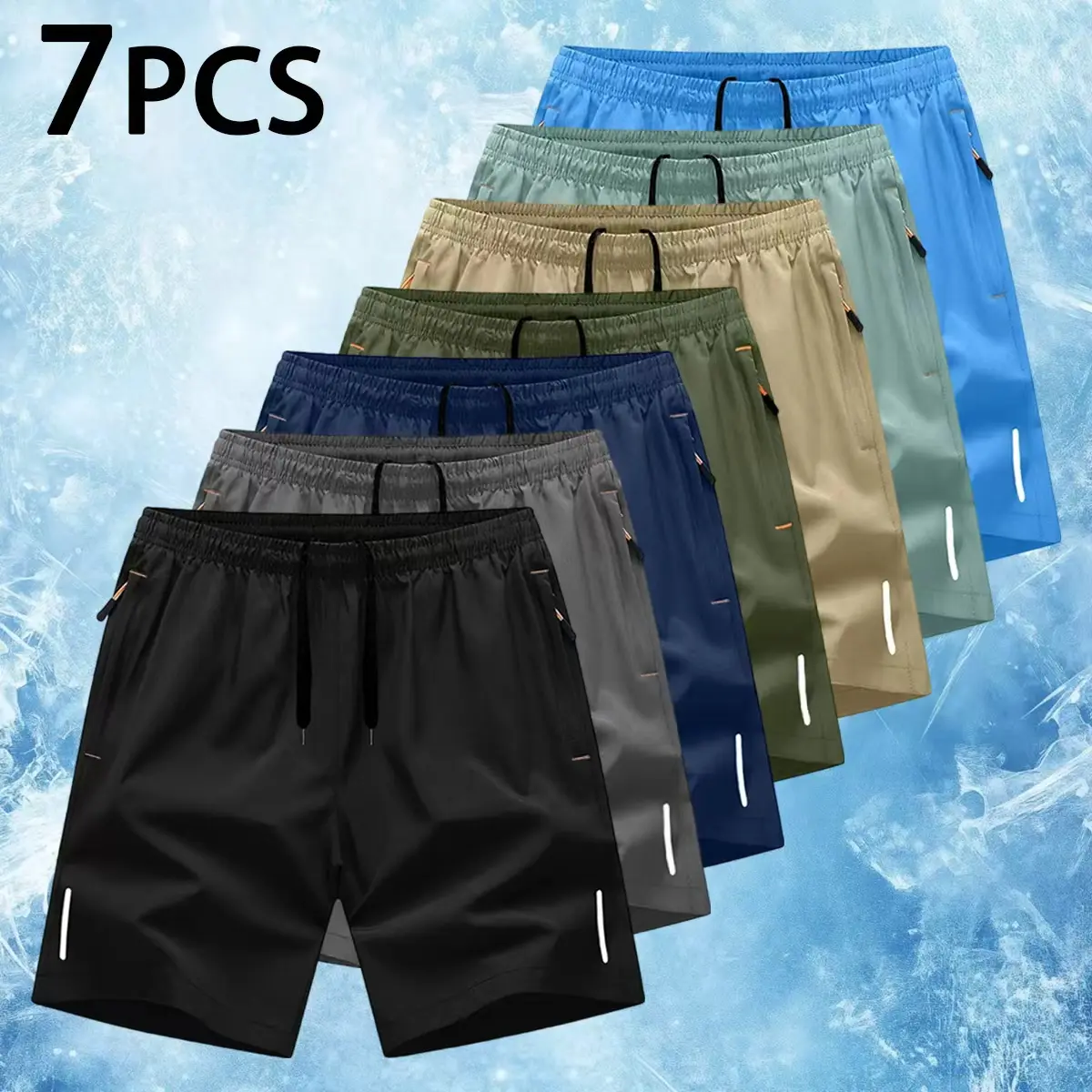 7-piece set of men's everyday zipper pocket shorts, summer breathable ice-feel quick-dry casual pants, lightweight shorts, reflective strip printed design, solid color fashionable shorts, casual simple style, for fitness, exercise, beach parties