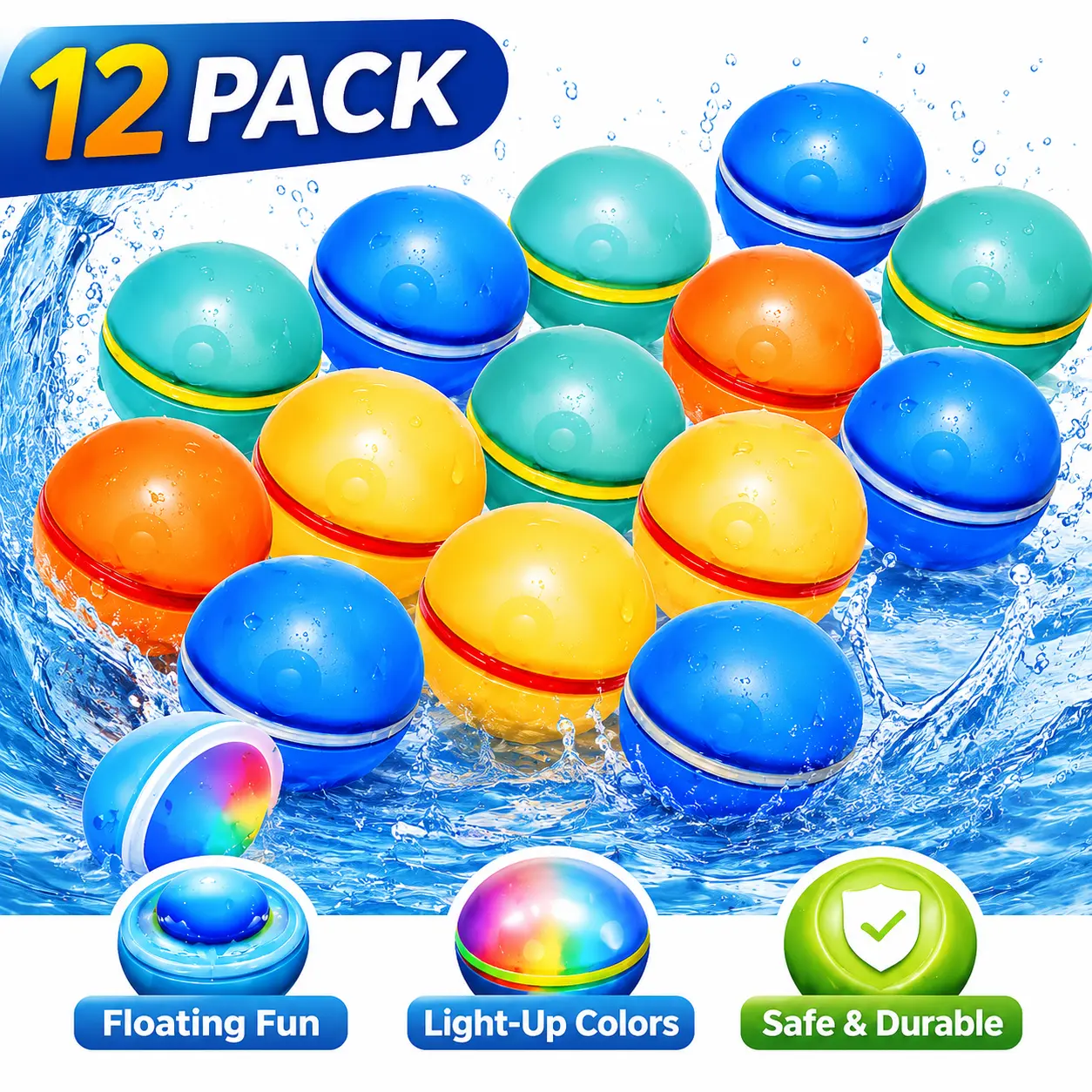 Reusable Magnetic Water Balloons 12 Pack – Silicone Self-Sealing Water Balls, Quick Fill Splash Toys, Leakproof Eco-Friendly Summer Pool Toys for Kids & Adults Outdoor Beach Fun Pool Party