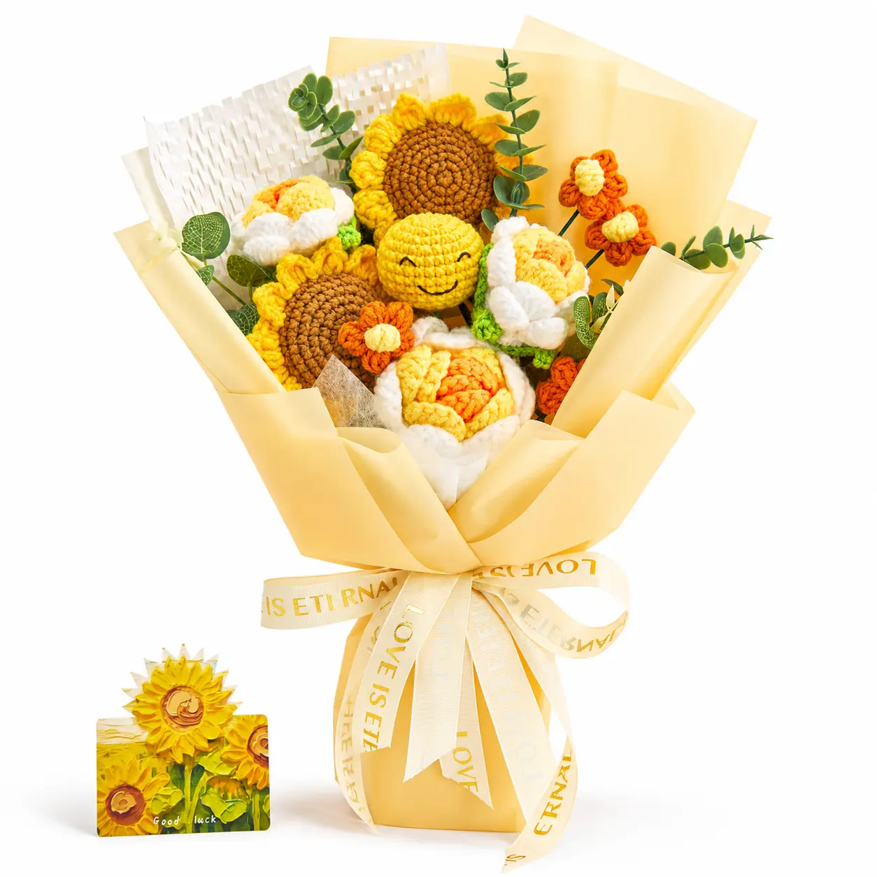 YShomy Handmade Crochet Flowers Bouquet Back to School Gift Teacher Gift Student Gift Gift for Girlfriend Summer Gift Emoji Sunflowers Roses Forever Flowers Greeting Card US Fast Shipping