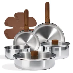 CAROTE 13pcs Tri-Ply Stainless Steel Cookware Set with Detachable Handle, Pots and Pans Set, Induction Kitchen Cooking Sets, RV/Camping Cookware, Oven Safe, Woodgrain Style