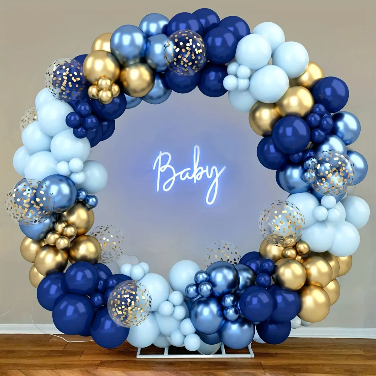 122pcs Gold Blue Balloon Arch Garland Kit with Backdrop - No-Power DIY Kits, Arch Shape Birthday Decor for Party Supplies, Balloon Garland Kit