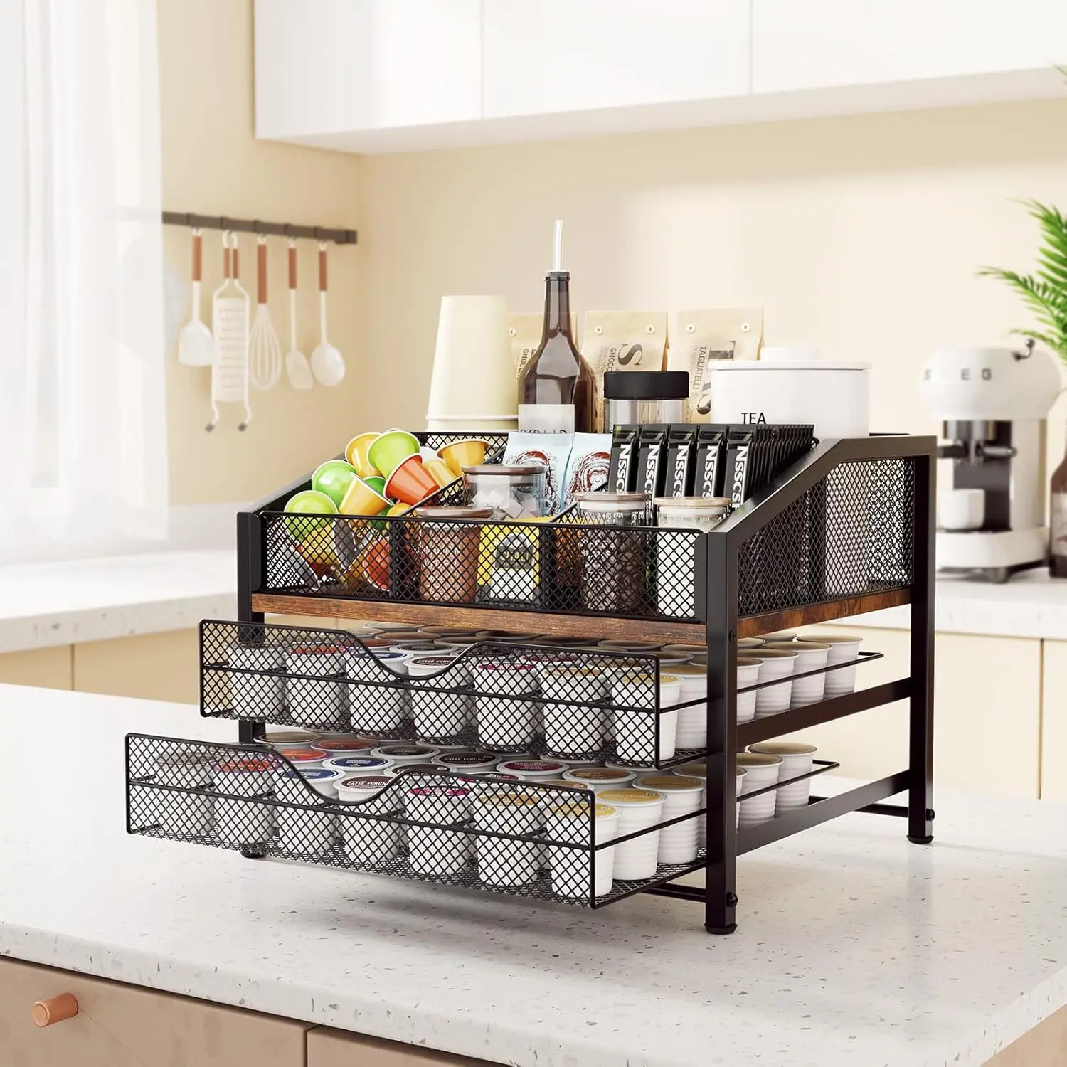 Compact Countertop Coffee Capsule Holder with Drainage System - Kitchen Storage Rack for Teabags, Disposable Cups, Mugs - Quick Clean Surface Organizer for Home, Office Use, Keeps Capsules Dry & Teabags Neat, Capsules Stay Dry
