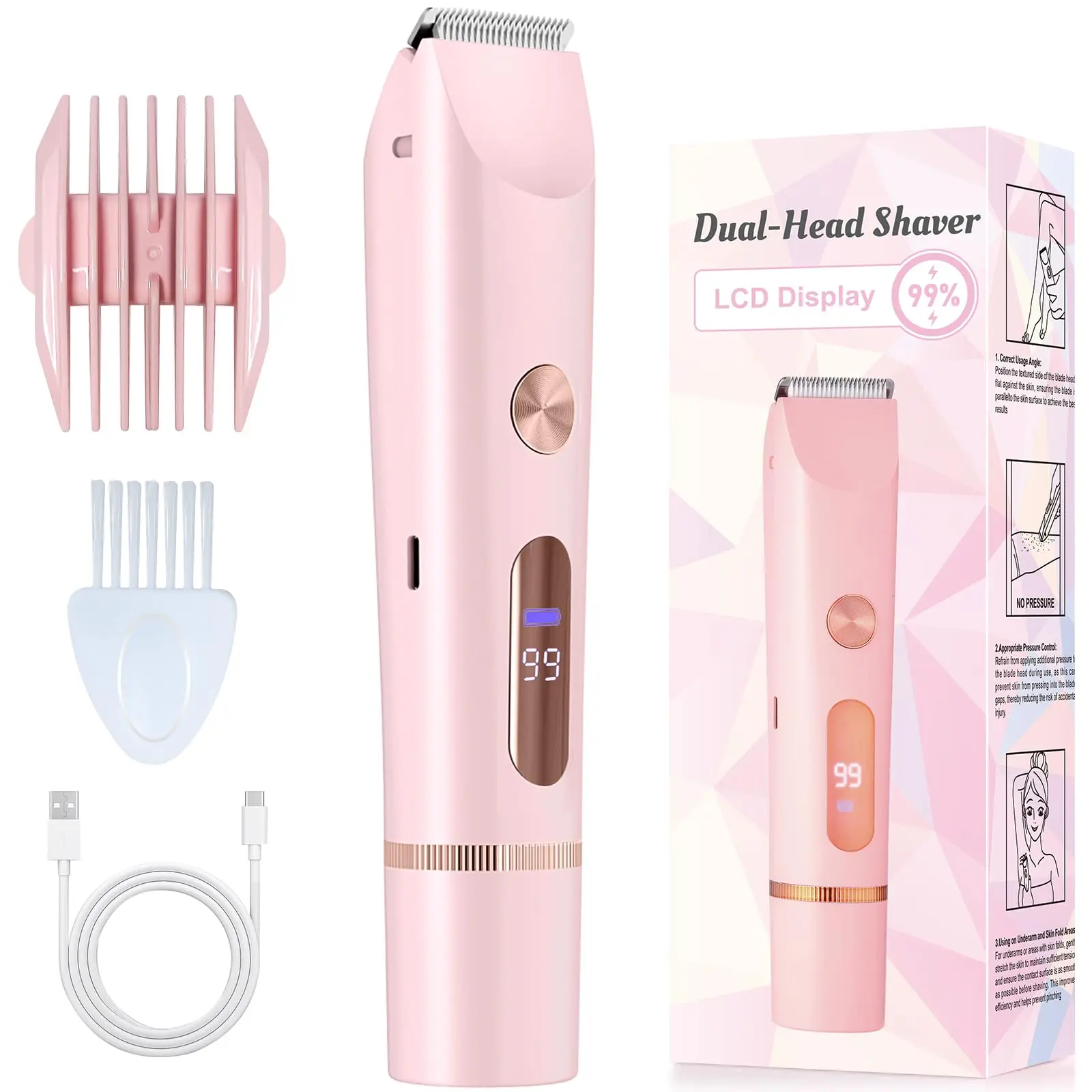 2-in-1 Electric Razor & Trimmer Kit - 7000 RPM Powerful Motor, IPX7 Waterproof Wet & Dry Shaving, USB Type-C Fast Charging, Long Battery Life, Whole Body Grooming for Women - Face, Legs, Armpits, Bikini Area
