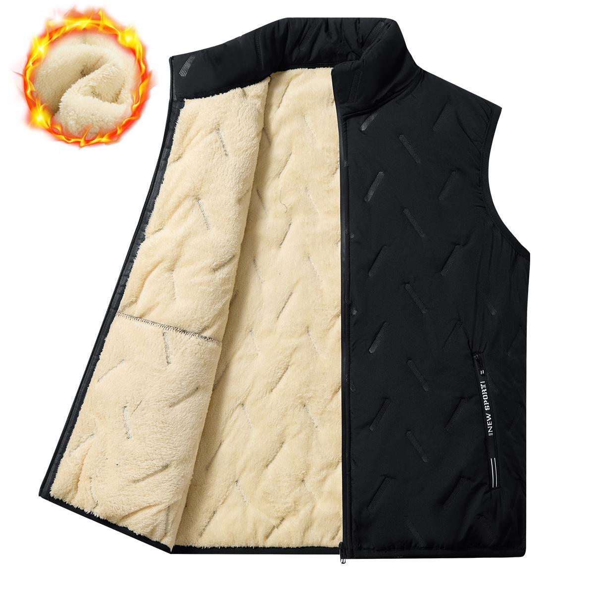 Men's winter thermal vest, wool lining, regular fit, polyester fiber, zipper design, machine washable, casual style, medium size men's top, solid color vest, wetsuit, tractor pattern, beige, black, crew neck, lightweight.