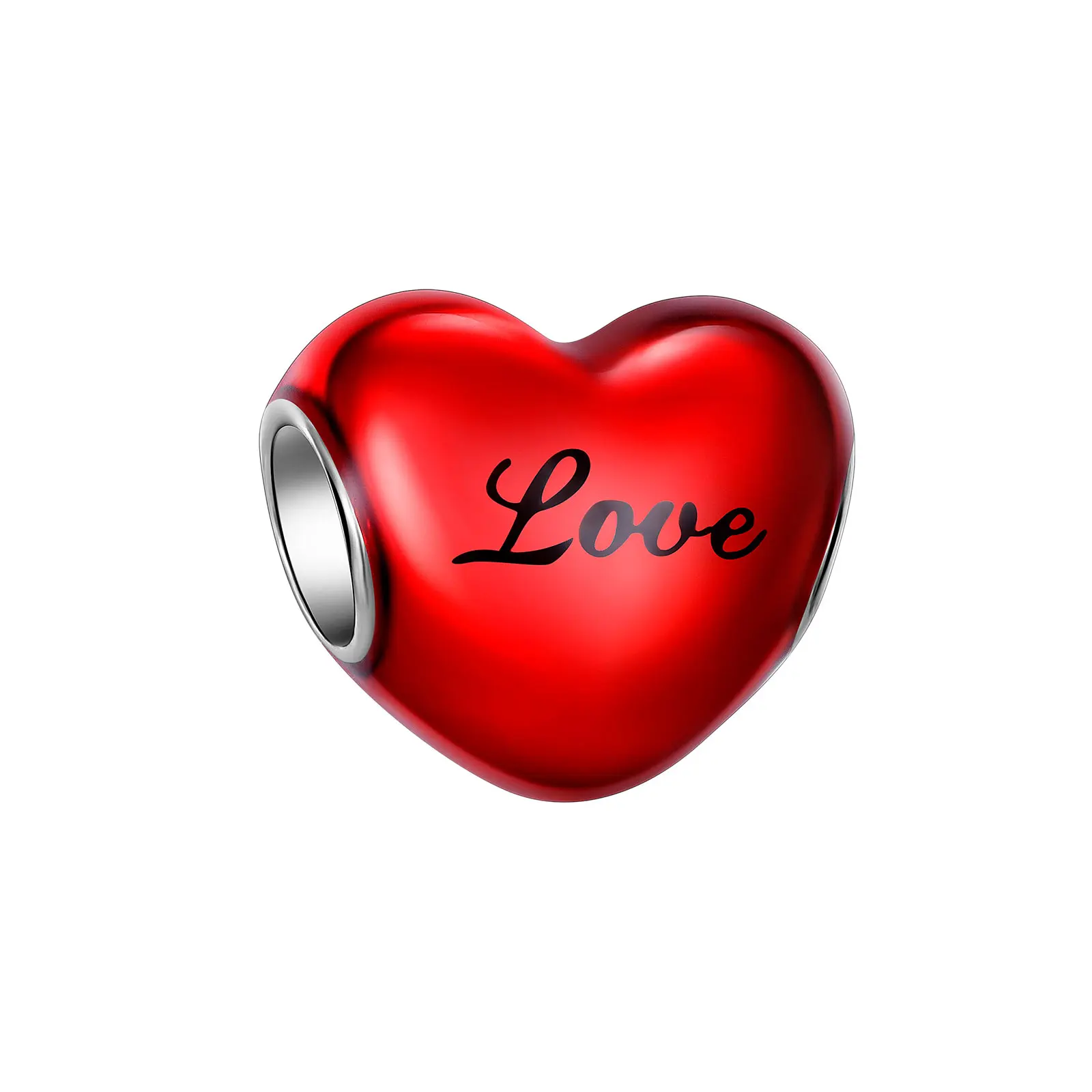 Copper silver-plated love heart charm bead with glossy red enamel and “Love” script engraving—ideal for romantic jewelry, suitable for bracelets and necklaces, and perfect as a gift for women on Valentine’s Day, Mother’s Day, or an anniversary.