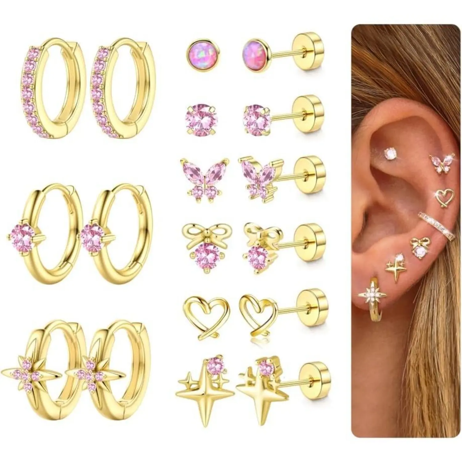 YADOCA Hypoallergenic Flat Back Earrings for Women Men Surgical Steel Earring for Sensitive Ears, 14K Gold Plated Stainless Steel Flatback Stud Hoop Cartilage Earring Stacks for Multiple Piercing