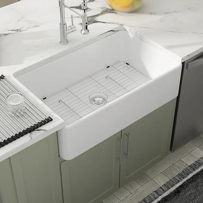 Dcolora 33 Inch White Farmhose Sink Farm Kitchen Sink Apron Front White Ceramic Porcelain Fireclay Single Bowl Farmer Classic Design Easy To Clean Waterfall Sink