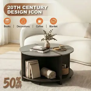 Modular 4-in-1 Round Coffee Table | Faux Marble Top, 2-Tier Storage, 200LBS Capacity | Modern Industrial Style