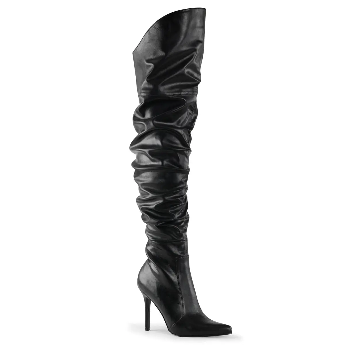 Women's Pointed Stiletto Heel Soft Boot - Classique-3011 Style, Leather-Fabric, Comfortable Heels, Zip-Closure Fashion Elegant Statement Footwear, Statement Shoes, Synthetic, Shoe, Black Vegan Leather, Scrunch, Thigh-High, Rubber, Over-The-Knee, Scrunch F