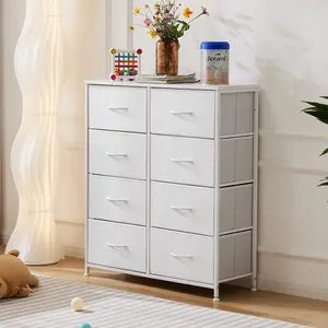 8 Drawers Dresser Organizer Storage Drawers Fabric Storage Tower, Chest of Drawers with Fabric Bins, Steel Frame, Wooden Top