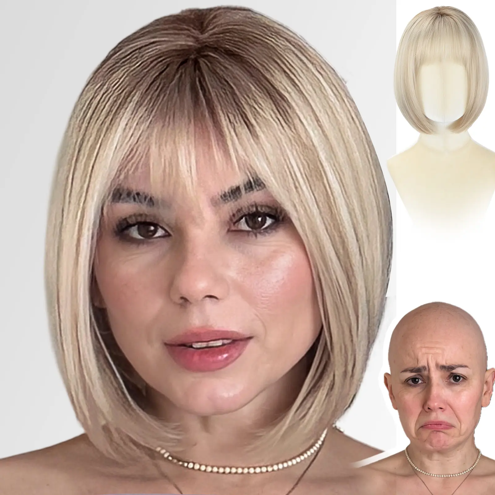 [SummerVibes]Perla - Wigyy 12Inch Pre-styled Blonde Highlights 4x4 Free Part Short Straight Layer Cutted Glueless Natural Hairline Bob Wig with Bangs, Heat Resistant Fiber Synthetic Lace Front wig that look real, Beginner Friendly, Wear and Go #SummerWins