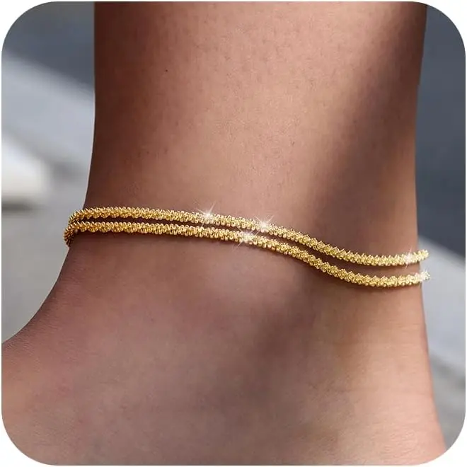 TEWIKY Dainty 14K Gold Plated Layered Waterproof Anklet For Women Adjustable Womens Anklet Set Stackable Figaro Beaded Cuban Link Anklets Daily Clothing Decor For Beach Summer Trendy High Quality Bracelet for Mother's Day gifts tiktokshopbacktoschool