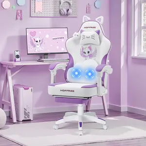 HOFFREE Gaming Chair for Girls with Cat Ears & Massage Support Cute Recliner with Footrest & Adjustable Comfort Purple & White