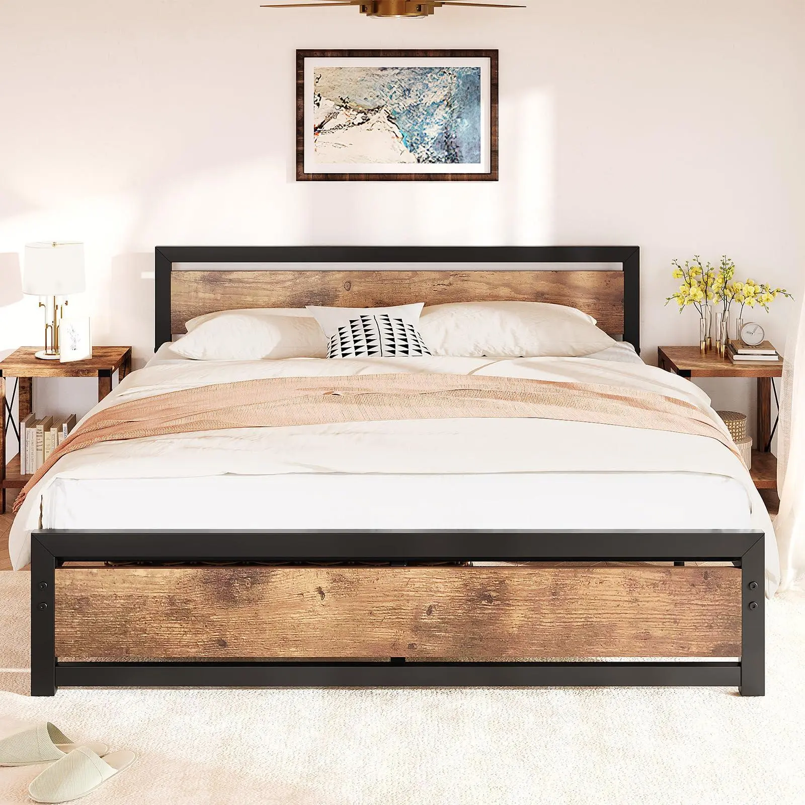 King Size Sturdy Platform Storage Bed Frame Set - 14-Inch Rustic Industrial Headboard, No Box Spring Needed, Steel Slats, 81"l x 77.15"w x 37.2"h, Easy Assembly, Retro Brown Indoor Furniture