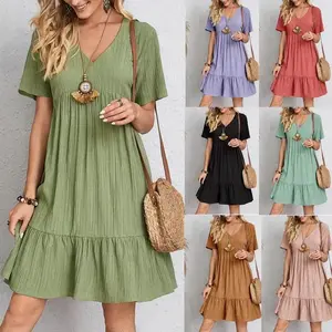 Spring 2025 new fashion trend women's dress loose casual short sleeved waist flowing dress mid  twenties  outfits drop  waist  dress Women's Elegant Loose Midi Dress