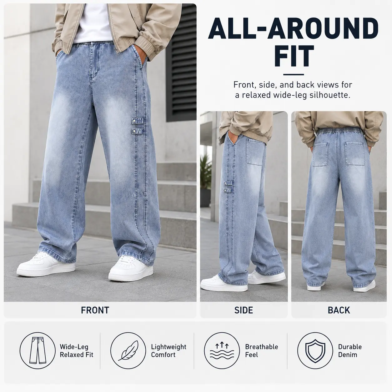 Y2K Men's Premium Lyocell Blend Baggy Pants - Casual Streetwear, Plain Design, Baggy Cut Loose-Fit, Elastic Waist Drawstring, Straight Leg, Soft Cool Lightweight, Gradient Summer Denim Vibe, Menswear Bottoms