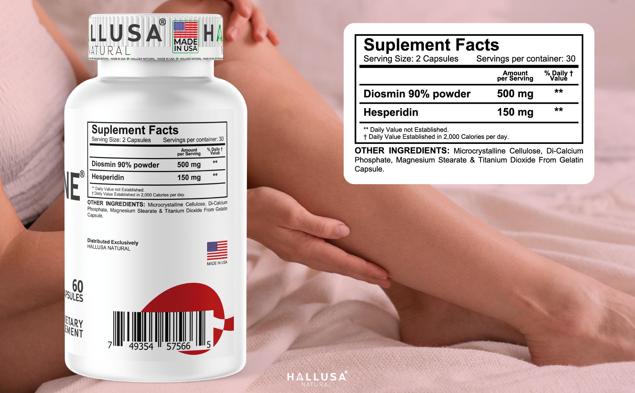 HALLUSA NATURAL Hallosmine Ultra - Diosmin 500 mg & Hesperidin 150 mg - 60 Veggie Capsules - Vegan, Organic, Gluten-Free, GMO-Free, Sugar-Free - Circulation Support Supplement - Healthcare Wellness Vitamins