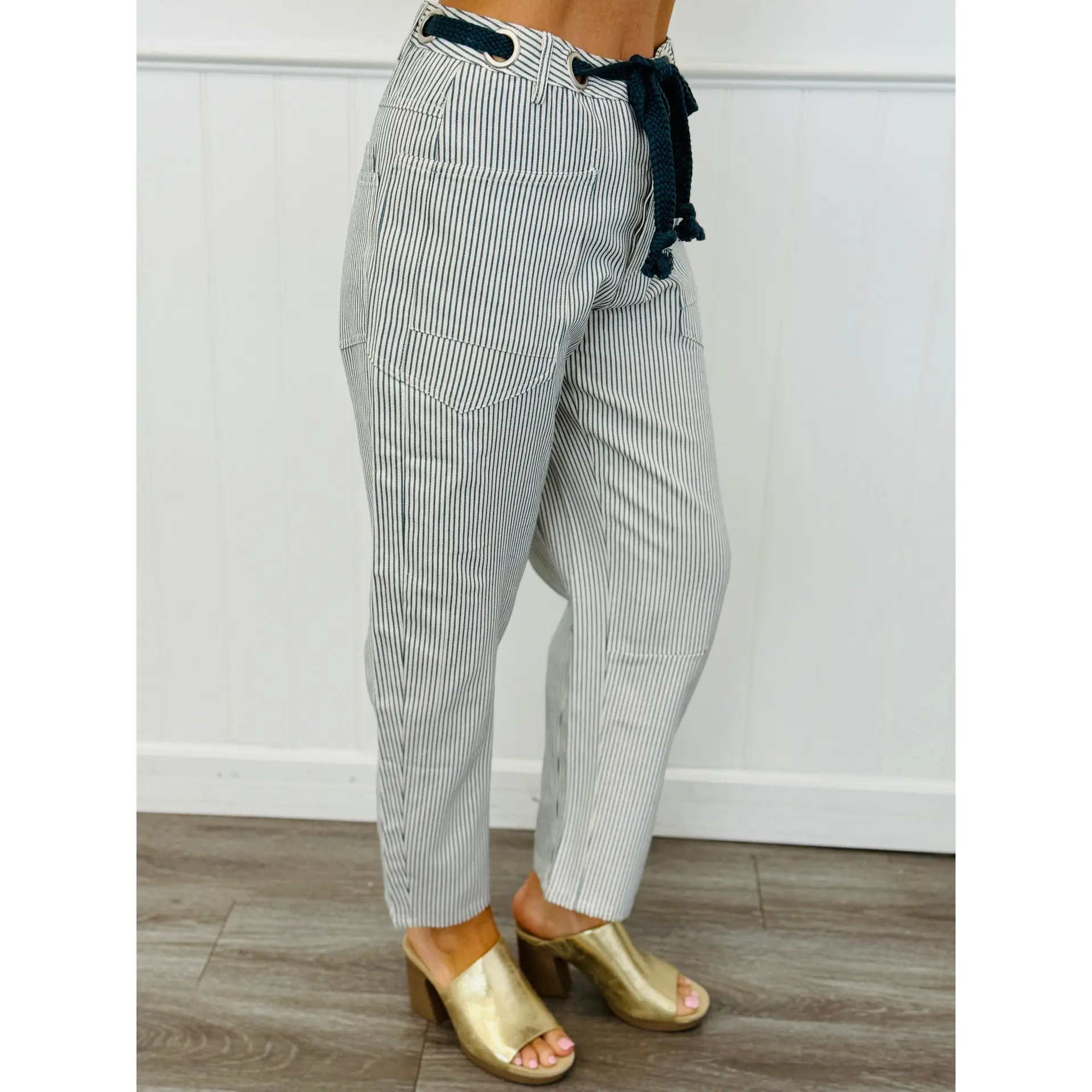 Dusty Blue Striped Grommet Waist Tie Barrel Pants (Reg. and Plus)