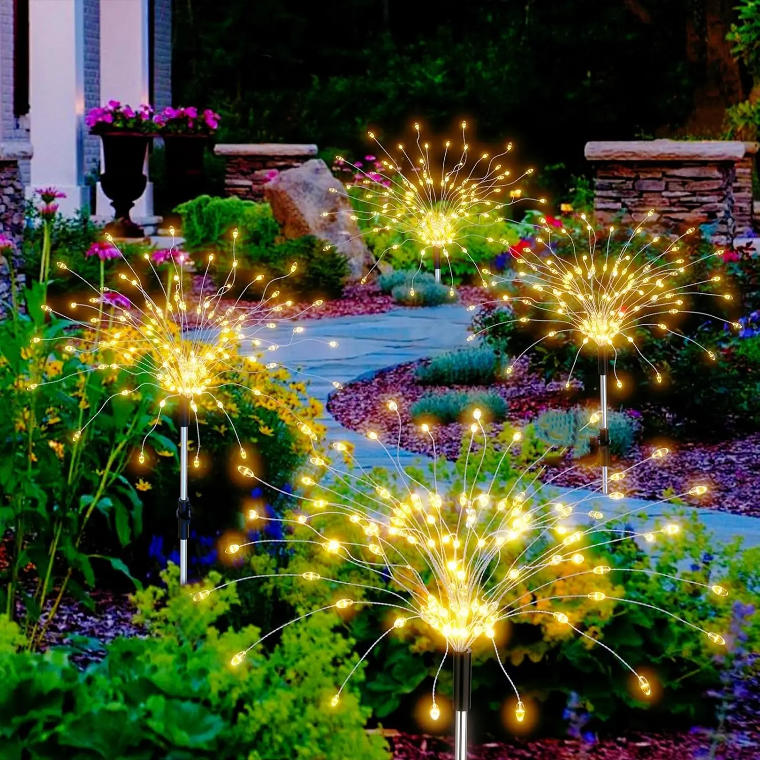 JNOEC Solar Outdoor Aluminium Switch Starburst Fairy Lights, 8-Pack 480 LED Waterproof IP65 Pathway Lights with 8 Lighting Modes, Warm White & Multi-Color for Patio, Halloween Decor, Solar Outdoor Lights