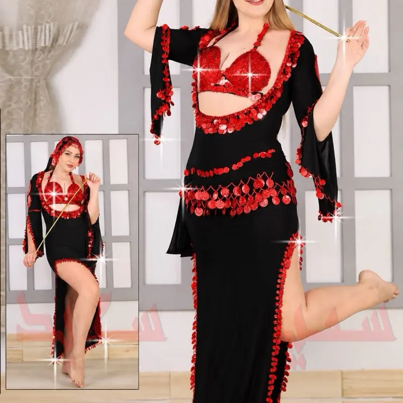 Women's Scarlet Queen Elegant Belly Dance Performance Costume - Red Sequins, Black Fabric, Theatrical Costume Set, Theatrical Costume Sets