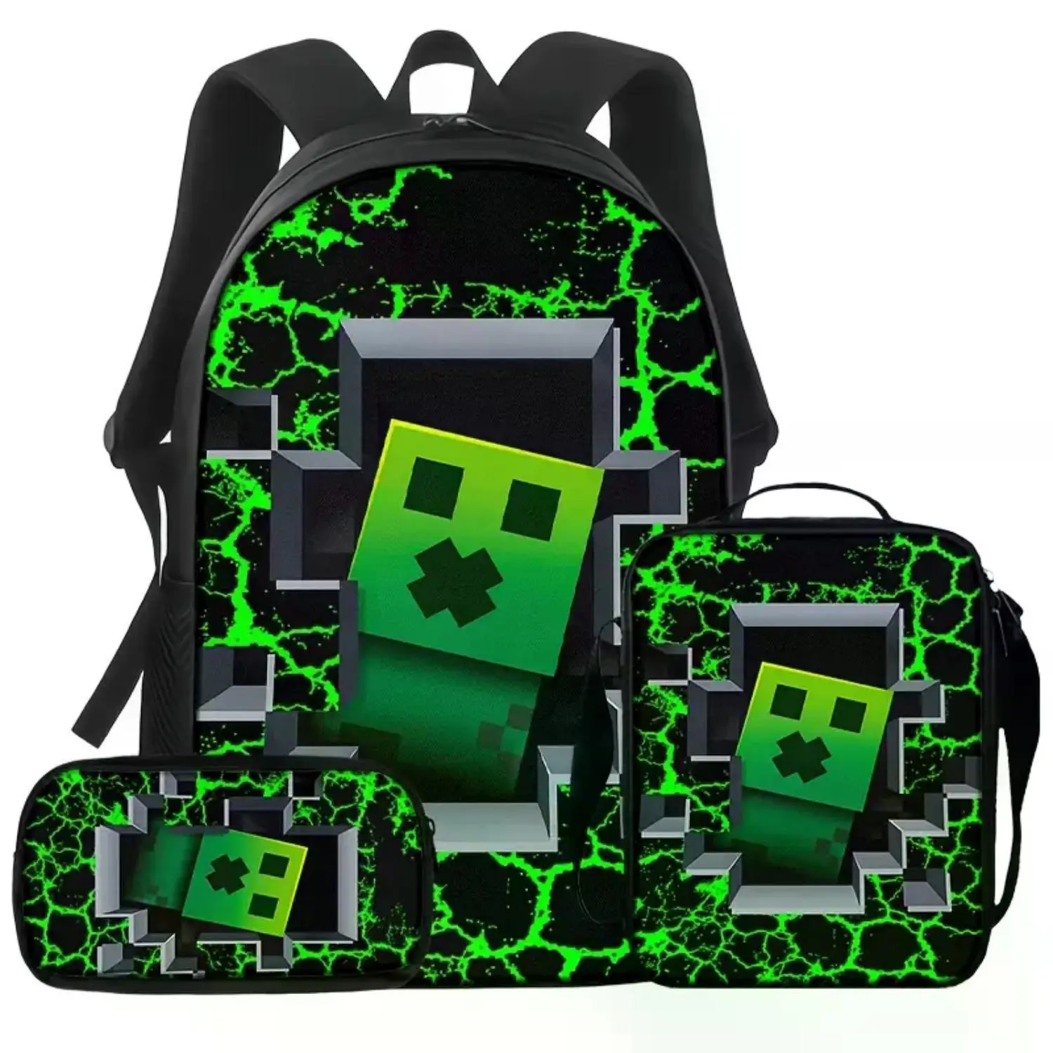 3-Piece Green Pixel Monster Backpack Set for Kids and Teens: Block Style Gaming Bookbag with Matching Lunch Bag and Pencil Case - Ideal Gamer Travel Daypack and Back to School Gift