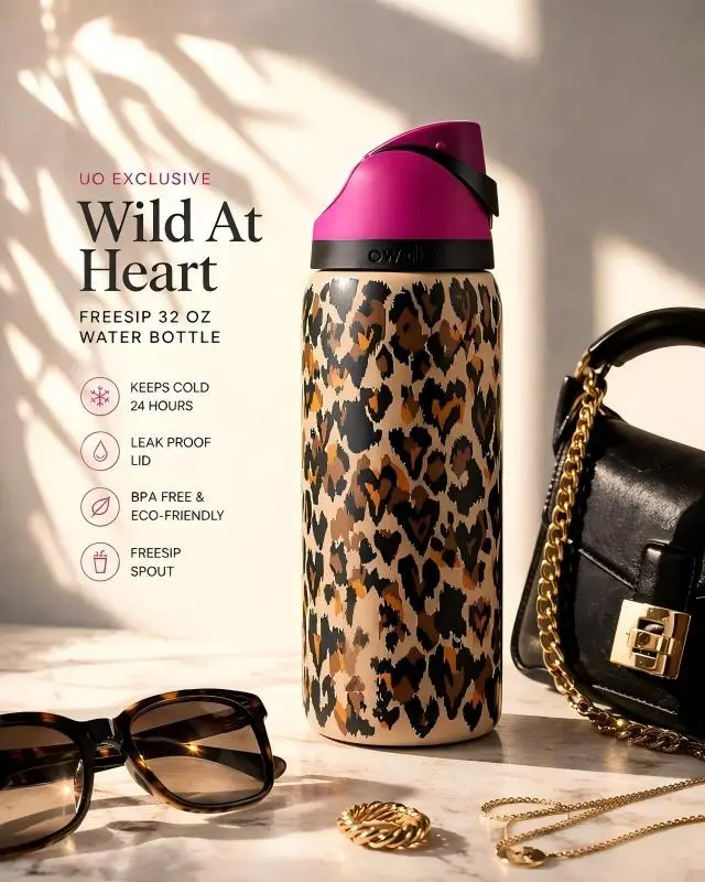 [NEW2026] Wild at Heart 32oz FreeSip – Stylish Leopard Print Stainless Steel Water Bottle with Straw Lid