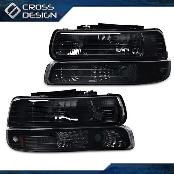 CROSSDESIGN Upper & Lower Truck-Mounted Headlight Assemblies, Smoked-Tinted Housing, Car Exterior Upgrade Replacement for 1999-2002 Chevy Silverado