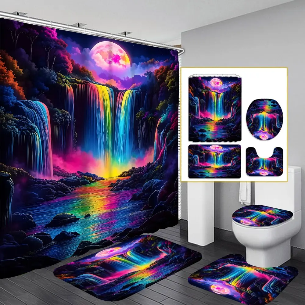 1PC/4PCS 2D Neon Waterfall Night Scene Multicolor patterned shower curtain, Pretty shower curtain, Decorative shower curtain, Waterproof bathroom curtain, for home bathroom decor, with 12 hooks, non-slip bath mat, toilet seat cover