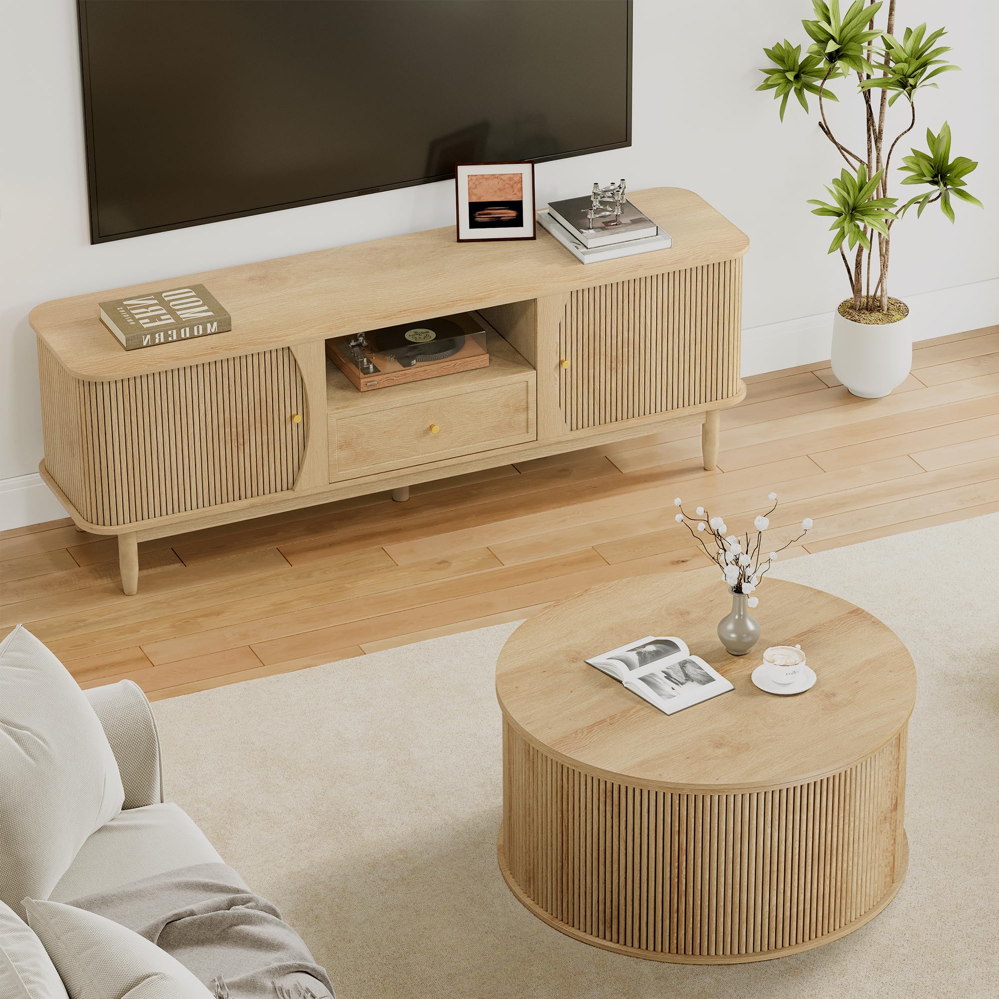 Giratree 31.58" Round Coffee Table, Lift Top Coffee Table with Storage, Farmhouse Fluted Center Table Circle Dining Table for Living Room, Reception Room, Home Office