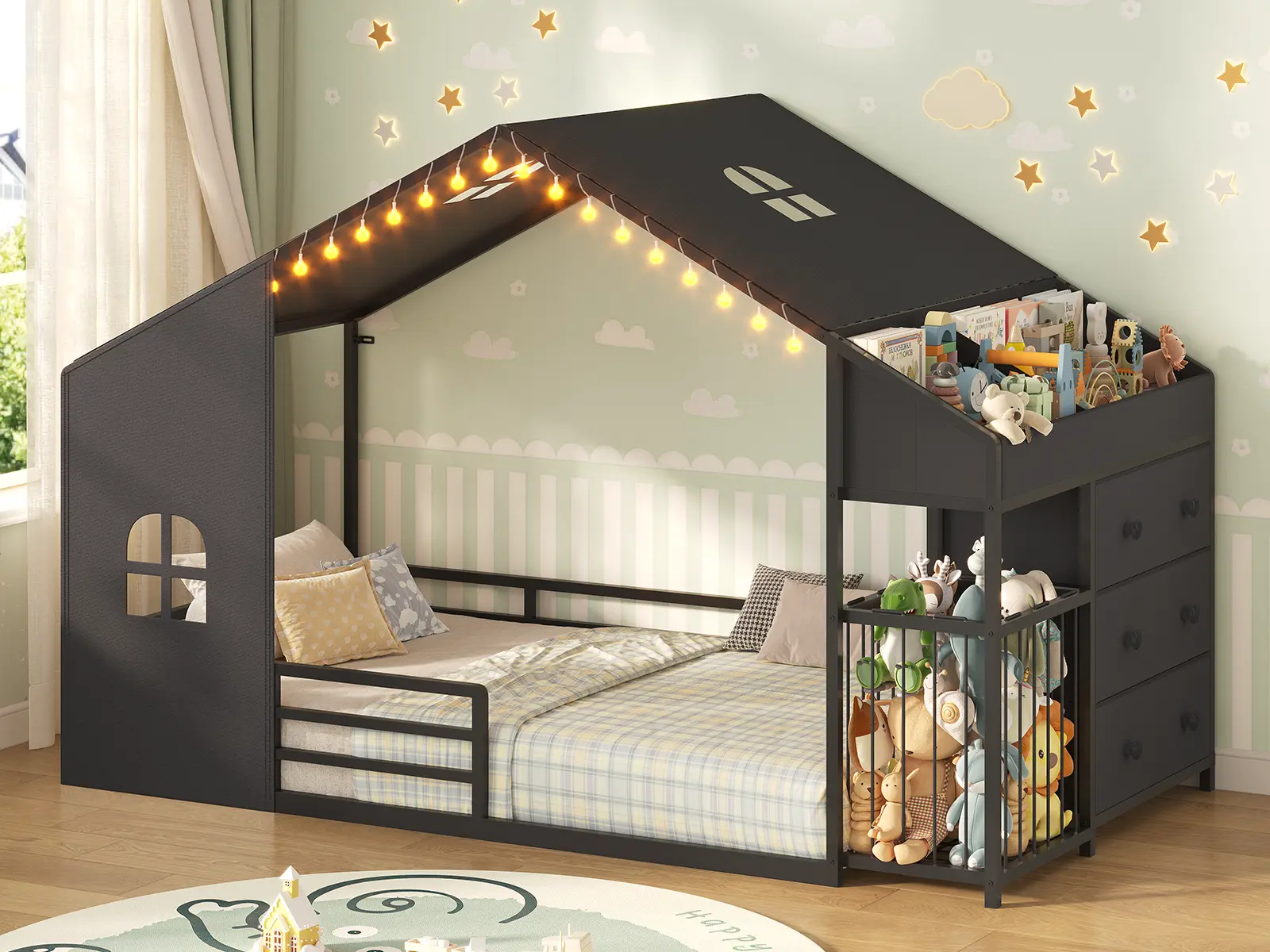Twin Size Montessori Floor Bed with LED Night Light & Safety Guardrail, House Bed Floor Bed Twin with Drawers, Bookshelf storage & Plush Toy Storage Cage, Playhouse Bed Frame for Bedroom, Nursery, Black