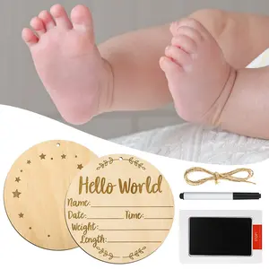 4 Pack Baby Announcement Sign, 5.9 Inch Wooden Hello World Newborn Signs, Name tags for twin babies, Baby Shower Hospital Nursery for Newborn Boys and Girls