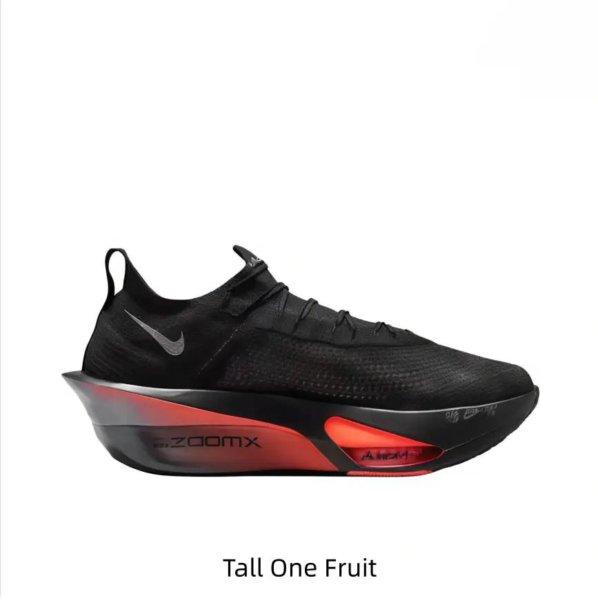 Sock-fit knit racing running sneakers in matte black, sculpted curved foam midsole with striking fiery red transparent cutout. Ultra-thin breathable woven upper delivers explosive bounce for marathon training and track sprint workouts.