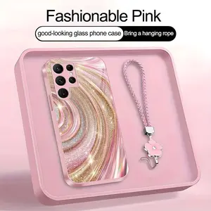 Luxury Rose Gold Swirl Phone Case with Flower Lanyard, Glitter Pink Art Aesthetic Cover for Galaxy S22 Ultra 5G — 975